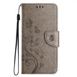 Kryty na mobil | Peňaženkové puzdro Embossing Pattern Motýľ a kvet sivé – Samsung Galaxy A35 5G | Kryty na mobil