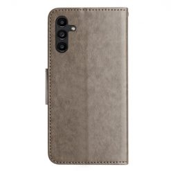 Kryty na mobil | Peňaženkové puzdro Embossing Pattern Motýľ a kvet sivé – Samsung Galaxy A35 5G | Kryty na mobil