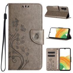 Kryty na mobil | Peňaženkové puzdro Embossing Pattern Motýľ a kvet sivé – Samsung Galaxy A35 5G | Kryty na mobil