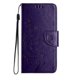 Kryty na mobil | Peňaženkové puzdro Embossing Pattern Motýľ a kvet tmavofialové – Samsung Galaxy A35 5G | Kryty na mobil