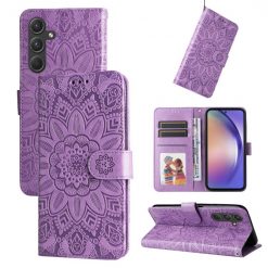 Kryty na mobil | Peňaženkové puzdro Embossing Pattern Slnečnica fialové – Samsung Galaxy A55 5G | Kryty na mobil