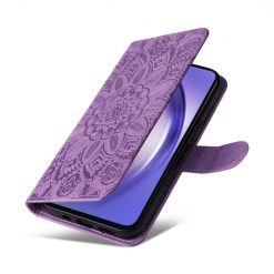 Kryty na mobil | Peňaženkové puzdro Embossing Pattern Slnečnica fialové – Samsung Galaxy A55 5G | Kryty na mobil