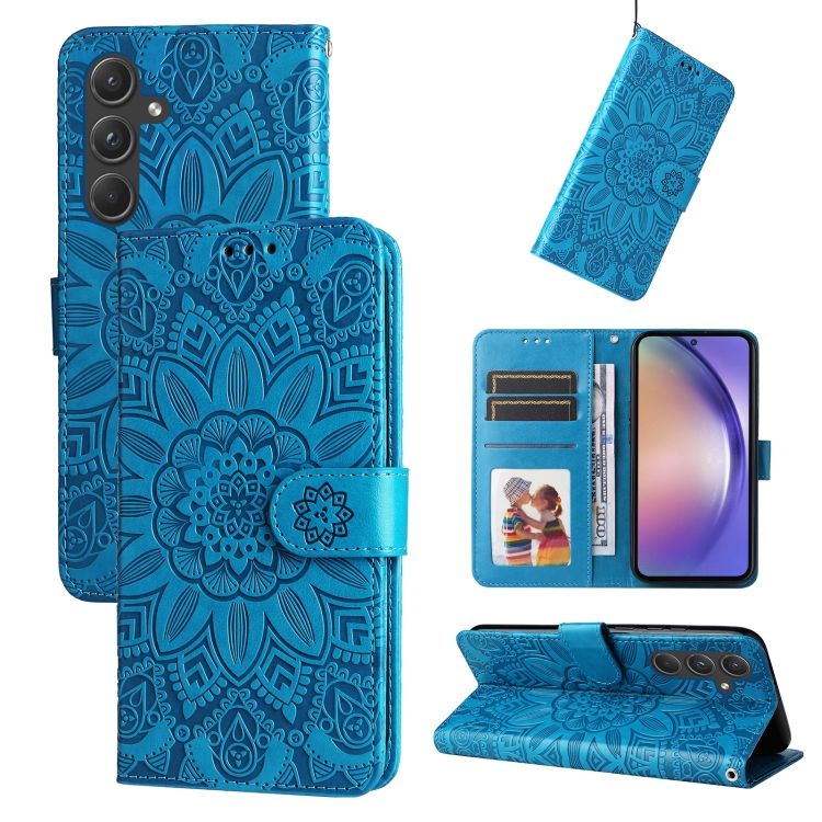 Peňaženkové puzdro Embossing Pattern Slnečnica modré – Samsung Galaxy A55 5G | Kryty na mobil Kryty na mobil | Peňaženkové puzdro Embossing Pattern Slnečnica modré – Samsung Galaxy A55 5G | Kryty na mobil