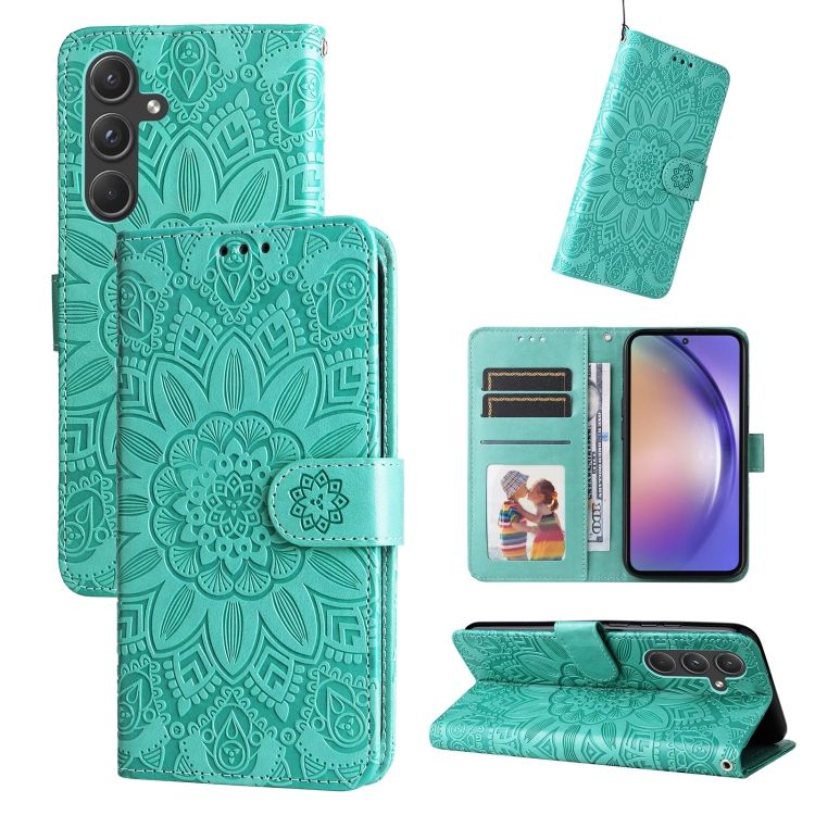 Peňaženkové puzdro Embossing Pattern Slnečnica zelené – Samsung Galaxy A55 5G | Kryty na mobil Kryty na mobil | Peňaženkové puzdro Embossing Pattern Slnečnica zelené – Samsung Galaxy A55 5G | Kryty na mobil