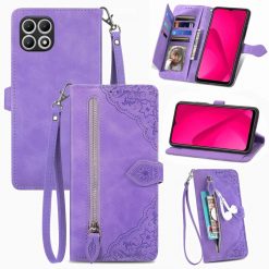 Kryty na mobil | Peňaženkové puzdro Embossing Pattern Leaf case fialové – T Phone 2 Pro | Kryty na mobil