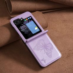 Kryty na mobil | Puzdro Embossing Pattern Motýľ fialové – Samsung Galaxy Z Flip 6 / Z Flip 7 FE | Kryty na mobil