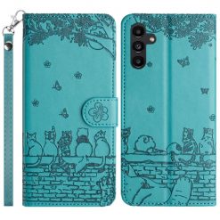 Kryty na mobil | Peňaženkové puzdro Embossing Pattern Mačky modré – Samsung Galaxy S24 FE | Kryty na mobil
