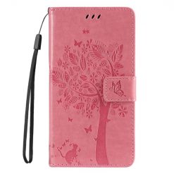Peňaženkové puzdro Embossing Pattern Strom a mačka bledoružové – Xiaomi Redmi 14C / Poco C75