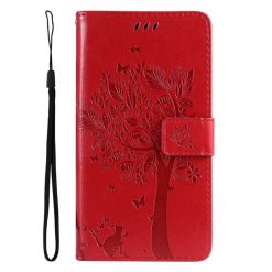 Peňaženkové puzdro Embossing Pattern Strom a mačka červené – Xiaomi Redmi 14C / Poco C75