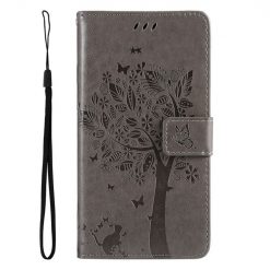 Peňaženkové puzdro Embossing Pattern Strom a mačka sivé – Xiaomi Redmi 14C / Poco C75