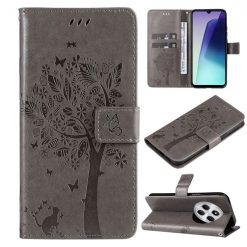 Kryty na mobil | Peňaženkové puzdro Embossing Pattern Strom a mačka sivé – Xiaomi Redmi 14C / Poco C75 | Kryty na mobil