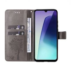 Kryty na mobil | Peňaženkové puzdro Embossing Pattern Strom a mačka sivé – Xiaomi Redmi 14C / Poco C75 | Kryty na mobil