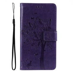 Peňaženkové puzdro Embossing Pattern Strom a mačka tmavofialové – Xiaomi Redmi 14C / Poco C75