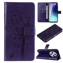 Kryty na mobil | Peňaženkové puzdro Embossing Pattern Strom a mačka tmavofialové – Xiaomi Redmi 14C / Poco C75 | Kryty na mobil