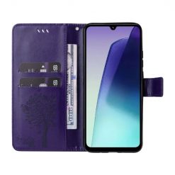 Kryty na mobil | Peňaženkové puzdro Embossing Pattern Strom a mačka tmavofialové – Xiaomi Redmi 14C / Poco C75 | Kryty na mobil