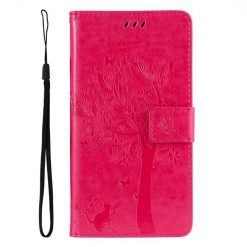 Peňaženkové puzdro Embossing Pattern Strom a mačka tmavoružové – Xiaomi Redmi 14C / Poco C75