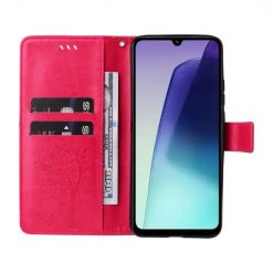 Peňaženkové puzdro Embossing Pattern Strom a mačka tmavoružové – Xiaomi Redmi 14C / Poco C75 | Kryty na mobil Kryty na mobil | Peňaženkové puzdro Embossing Pattern Strom a mačka tmavoružové – Xiaomi Redmi 14C / Poco C75 | Kryty na mobil