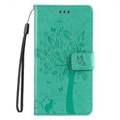 Peňaženkové puzdro Embossing Pattern Strom a mačka zelené – Xiaomi Redmi 14C / Poco C75