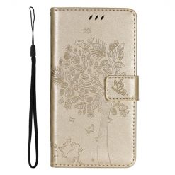 Peňaženkové puzdro Embossing Pattern Strom a mačka zlaté – Xiaomi Redmi 14C / Poco C75