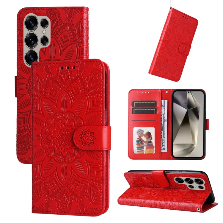 Peňaženkové puzdro Embossing Pattern Slnečnica červené – Samsung Galaxy S25 Ultra | Kryty na mobil Kryty na mobil | Peňaženkové puzdro Embossing Pattern Slnečnica červené – Samsung Galaxy S25 Ultra | Kryty na mobil