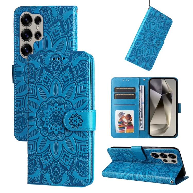 Peňaženkové puzdro Embossing Pattern Slnečnica modré – Samsung Galaxy S25 Ultra | Kryty na mobil Kryty na mobil | Peňaženkové puzdro Embossing Pattern Slnečnica modré – Samsung Galaxy S25 Ultra | Kryty na mobil