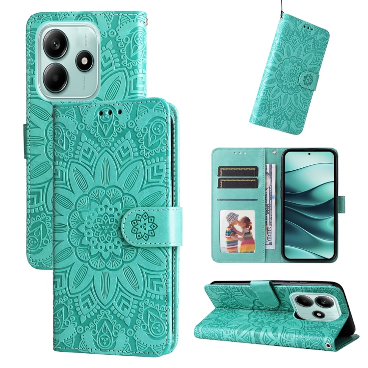 Peňaženkové puzdro Embossing Pattern Slnečnica zelené – Xiaomi Redmi Note 14 5G | Kryty na mobil Kryty na mobil | Peňaženkové puzdro Embossing Pattern Slnečnica zelené – Xiaomi Redmi Note 14 5G | Kryty na mobil