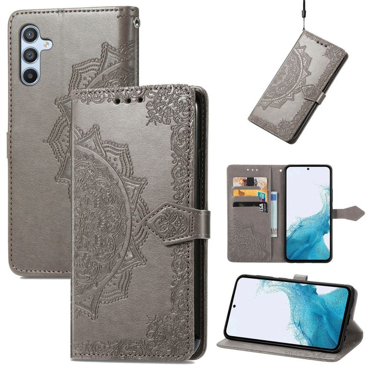 Peňaženkové puzdro Embossing Pattern Mandala Flower sivé – Samsung Galaxy A56 | Kryty na mobil Kryty na mobil | Peňaženkové puzdro Embossing Pattern Mandala Flower sivé – Samsung Galaxy A56 | Kryty na mobil