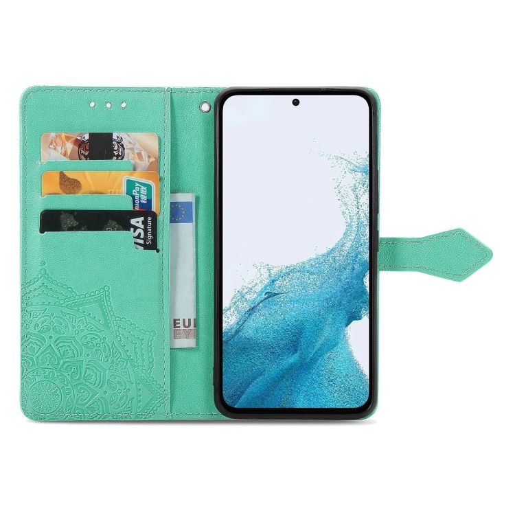Peňaženkové puzdro Embossing Pattern Mandala Flower zelené – Samsung Galaxy A36 | Kryty na mobil Kryty na mobil | Peňaženkové puzdro Embossing Pattern Mandala Flower zelené – Samsung Galaxy A36 | Kryty na mobil