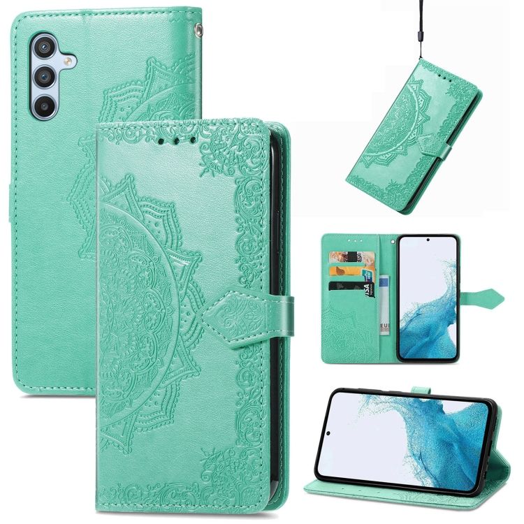 Peňaženkové puzdro Embossing Pattern Mandala Flower zelené – Samsung Galaxy A36 | Kryty na mobil Kryty na mobil | Peňaženkové puzdro Embossing Pattern Mandala Flower zelené – Samsung Galaxy A36 | Kryty na mobil