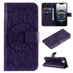 Peňaženkové puzdro Embossing Pattern Slnečnica fialové – Apple iPhone 16e / 17e | Kryty na mobil Kryty na mobil | Peňaženkové puzdro Embossing Pattern Slnečnica fialové – Apple iPhone 16e / 17e | Kryty na mobil