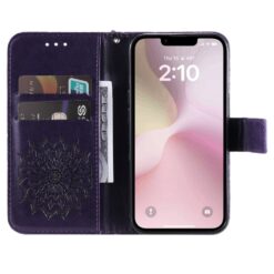 Peňaženkové puzdro Embossing Pattern Slnečnica fialové – Apple iPhone 16e / 17e | Kryty na mobil Kryty na mobil | Peňaženkové puzdro Embossing Pattern Slnečnica fialové – Apple iPhone 16e / 17e | Kryty na mobil