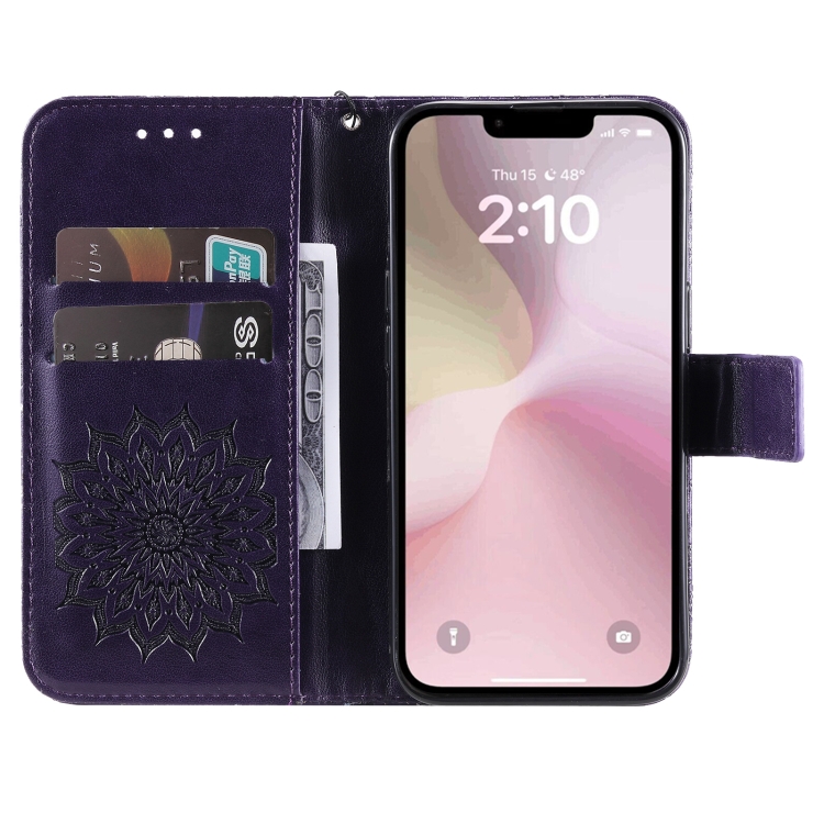 Peňaženkové puzdro Embossing Pattern Slnečnica fialové – Apple iPhone 16e / 17e | Kryty na mobil Kryty na mobil | Peňaženkové puzdro Embossing Pattern Slnečnica fialové – Apple iPhone 16e / 17e | Kryty na mobil