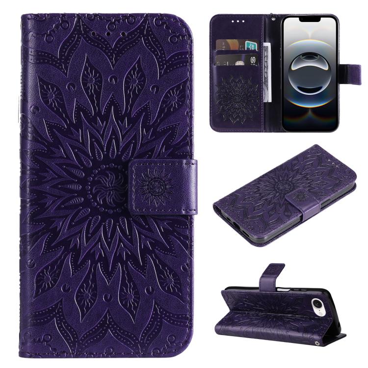 Peňaženkové puzdro Embossing Pattern Slnečnica fialové – Apple iPhone 16e / 17e | Kryty na mobil Kryty na mobil | Peňaženkové puzdro Embossing Pattern Slnečnica fialové – Apple iPhone 16e / 17e | Kryty na mobil
