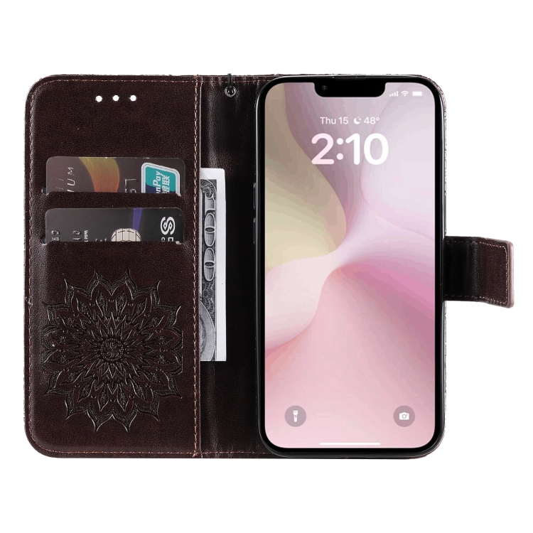 Peňaženkové puzdro Embossing Pattern Slnečnica hnedé – Apple iPhone 16e / 17e | Kryty na mobil Kryty na mobil | Peňaženkové puzdro Embossing Pattern Slnečnica hnedé – Apple iPhone 16e / 17e | Kryty na mobil
