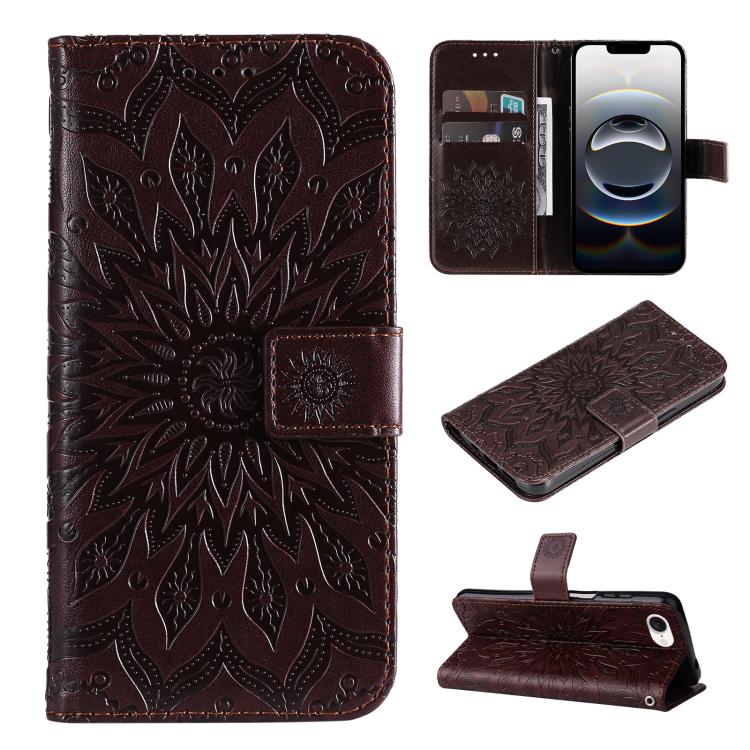 Peňaženkové puzdro Embossing Pattern Slnečnica hnedé – Apple iPhone 16e / 17e | Kryty na mobil Kryty na mobil | Peňaženkové puzdro Embossing Pattern Slnečnica hnedé – Apple iPhone 16e / 17e | Kryty na mobil