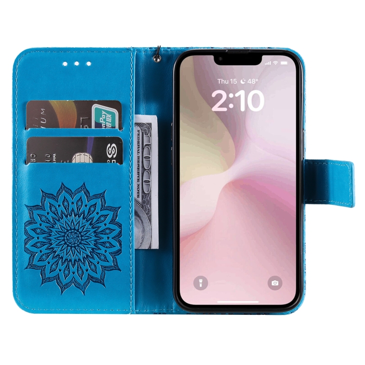 Peňaženkové puzdro Embossing Pattern Slnečnica modré – Apple iPhone 16e / 17e | Kryty na mobil Kryty na mobil | Peňaženkové puzdro Embossing Pattern Slnečnica modré – Apple iPhone 16e / 17e | Kryty na mobil