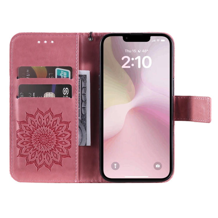Peňaženkové puzdro Embossing Pattern Slnečnica ružové – Apple iPhone 16e / 17e | Kryty na mobil Kryty na mobil | Peňaženkové puzdro Embossing Pattern Slnečnica ružové – Apple iPhone 16e / 17e | Kryty na mobil