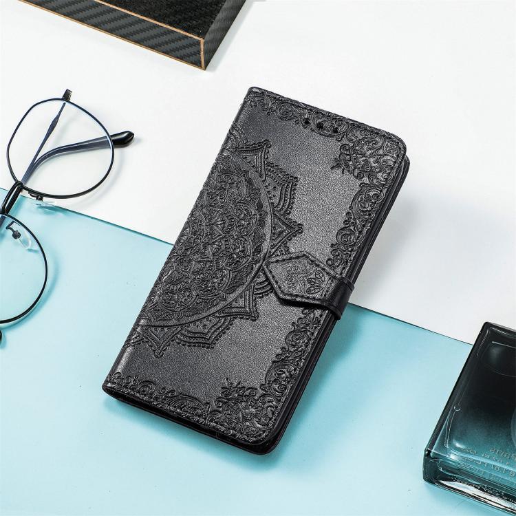 Peňaženkové puzdro Embossing Pattern Mandala Flower čierne – Nothing Phone (3a) | Kryty na mobil Kryty na mobil | Peňaženkové puzdro Embossing Pattern Mandala Flower čierne – Nothing Phone (3a) | Kryty na mobil