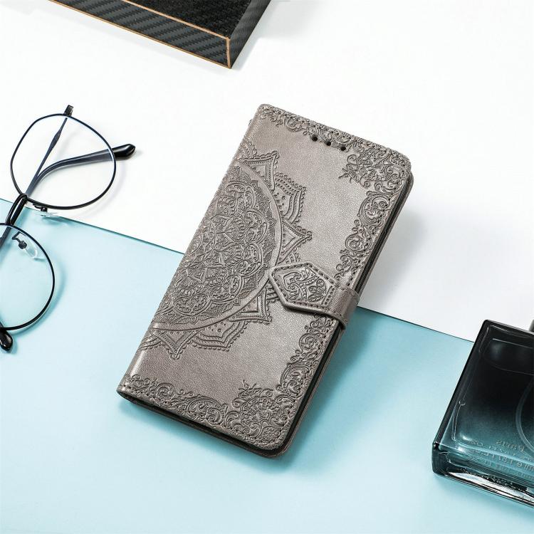 Peňaženkové puzdro Embossing Pattern Mandala Flower sivé – Nothing Phone (3a) | Kryty na mobil Kryty na mobil | Peňaženkové puzdro Embossing Pattern Mandala Flower sivé – Nothing Phone (3a) | Kryty na mobil