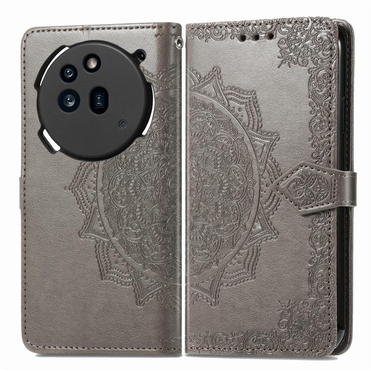 Peňaženkové puzdro Embossing Pattern Mandala Flower sivé – Nothing Phone (3a) Pro | Kryty na mobil Kryty na mobil | Peňaženkové puzdro Embossing Pattern Mandala Flower sivé – Nothing Phone (3a) Pro | Kryty na mobil