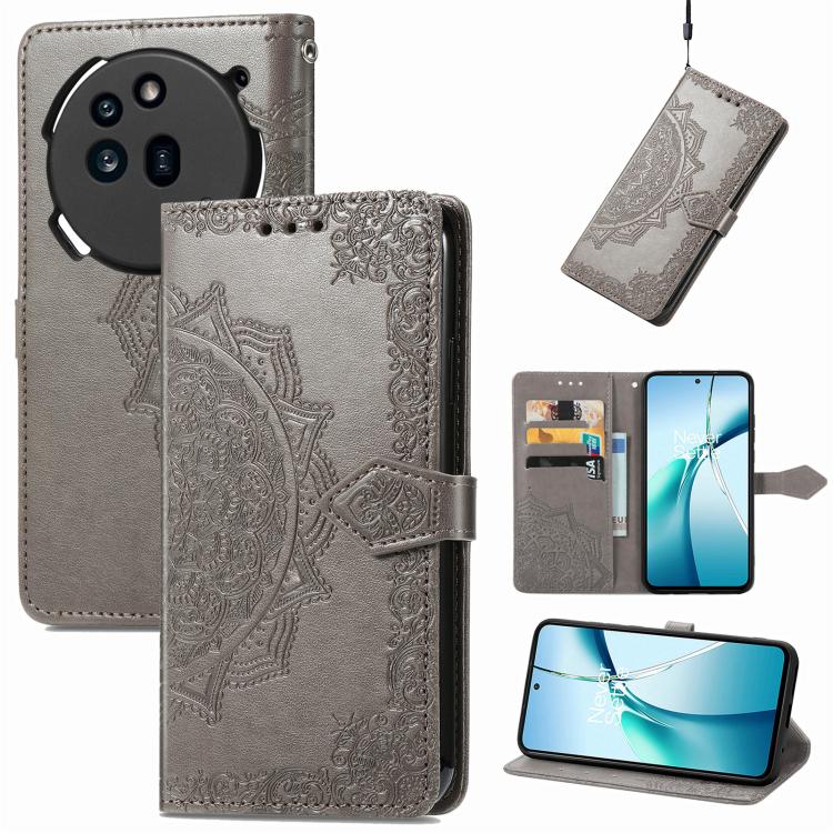 Peňaženkové puzdro Embossing Pattern Mandala Flower sivé – Nothing Phone (3a) | Kryty na mobil Kryty na mobil | Peňaženkové puzdro Embossing Pattern Mandala Flower sivé – Nothing Phone (3a) | Kryty na mobil