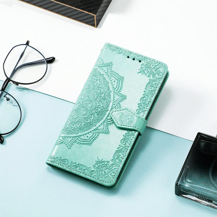 Peňaženkové puzdro Embossing Pattern Mandala Flower zelené – Nothing Phone (3a) | Kryty na mobil Kryty na mobil | Peňaženkové puzdro Embossing Pattern Mandala Flower zelené – Nothing Phone (3a) | Kryty na mobil