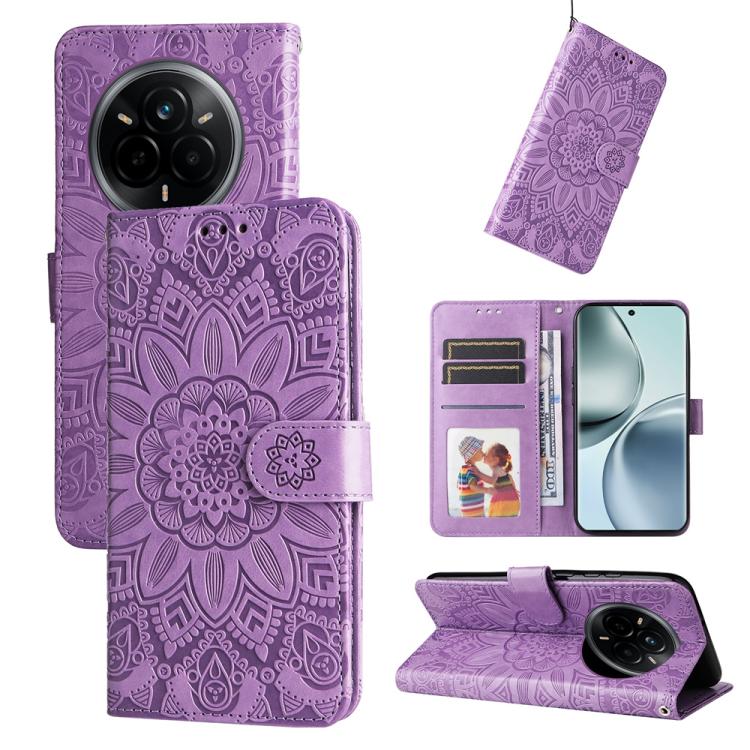 Peňaženkové puzdro Embossing Pattern Slnečnica fialové – Realme 14 Pro | Kryty na mobil Kryty na mobil | Peňaženkové puzdro Embossing Pattern Slnečnica fialové – Realme 14 Pro | Kryty na mobil