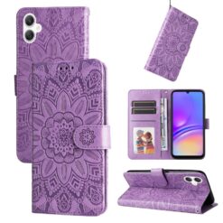 Kryty na mobil | Peňaženkové puzdro Embossing Pattern Slnečnica fialové – Samsung Galaxy A06 | Kryty na mobil