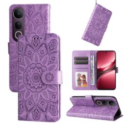 Peňaženkové puzdro Embossing Pattern Slnečnica fialové – Vivo V50 Lite | Kryty na mobil Kryty na mobil | Peňaženkové puzdro Embossing Pattern Slnečnica fialové – Vivo V50 Lite | Kryty na mobil