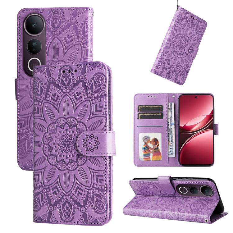 Peňaženkové puzdro Embossing Pattern Slnečnica fialové – Vivo V50 Lite | Kryty na mobil Kryty na mobil | Peňaženkové puzdro Embossing Pattern Slnečnica fialové – Vivo V50 Lite | Kryty na mobil