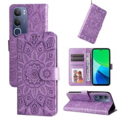 Peňaženkové puzdro Embossing Pattern Slnečnica fialové – Vivo Y19s | Kryty na mobil Kryty na mobil | Peňaženkové puzdro Embossing Pattern Slnečnica fialové – Vivo Y19s | Kryty na mobil