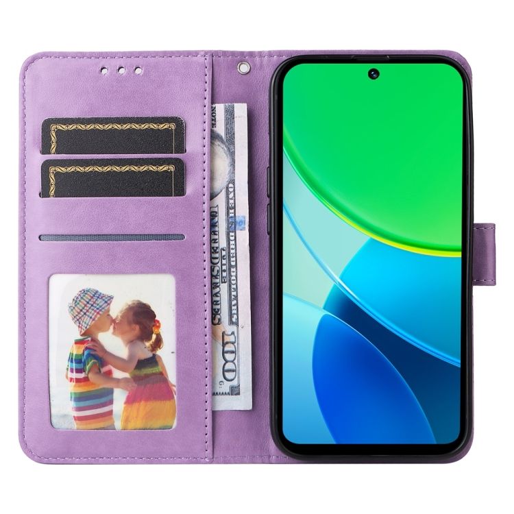 Peňaženkové puzdro Embossing Pattern Slnečnica fialové – Vivo Y19s | Kryty na mobil Kryty na mobil | Peňaženkové puzdro Embossing Pattern Slnečnica fialové – Vivo Y19s | Kryty na mobil
