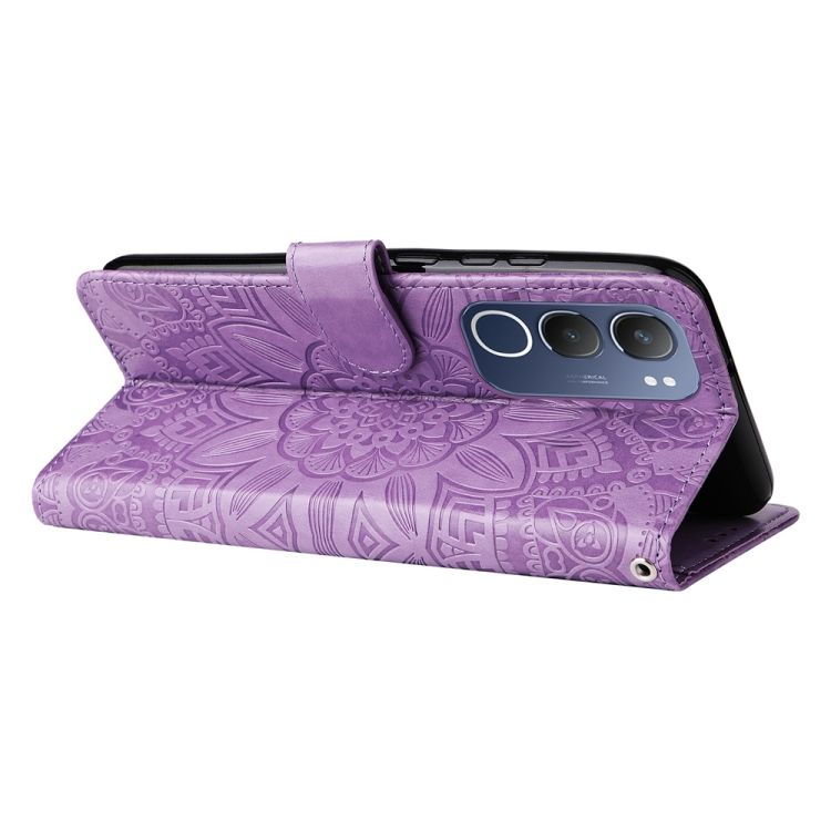 Peňaženkové puzdro Embossing Pattern Slnečnica fialové – Vivo Y19s | Kryty na mobil Kryty na mobil | Peňaženkové puzdro Embossing Pattern Slnečnica fialové – Vivo Y19s | Kryty na mobil