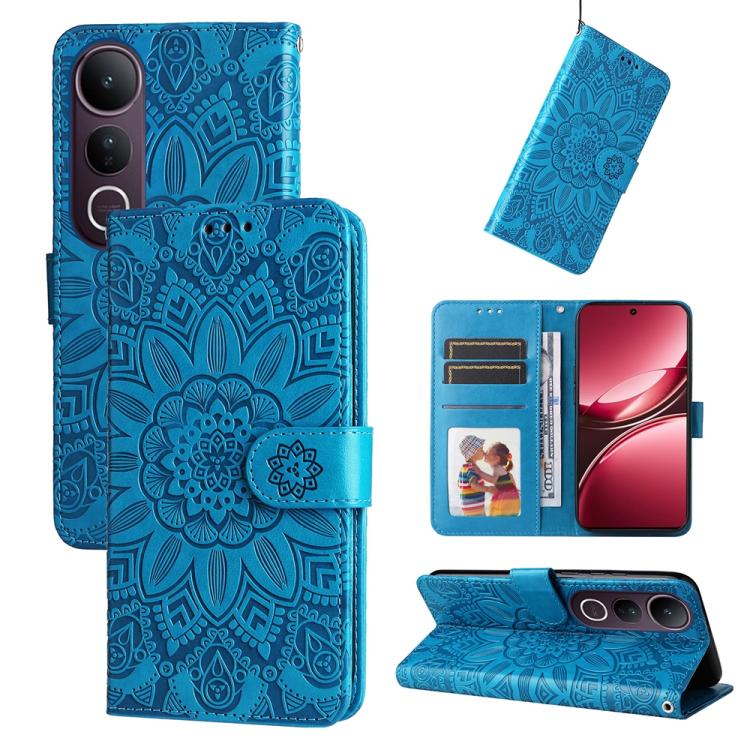 Peňaženkové puzdro Embossing Pattern Slnečnica modré – Vivo V50 Lite | Kryty na mobil Kryty na mobil | Peňaženkové puzdro Embossing Pattern Slnečnica modré – Vivo V50 Lite | Kryty na mobil